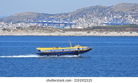 Piraeus, Attica |Greece - April 20 2022: Zoom Photo From Catamaran High Speed Vessel Reaching Port Of Piraeus