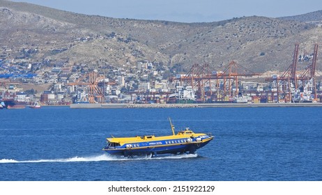 Piraeus, Attica |Greece - April 20 2022: Zoom Photo From Catamaran High Speed Vessel Reaching Port Of Piraeus