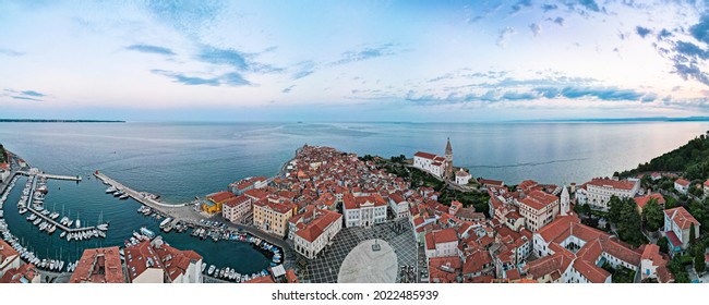 Piran Aerial Drone Panorama.Slovenia Istria Coast.