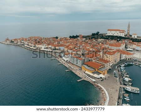 Piran Cape Madona Point, Pier with Boats, Aerial View, Slovenia