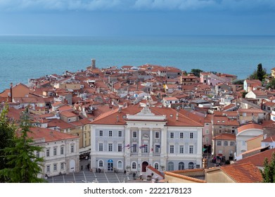 Piran, Slovenia - 09 29 2022 : The Picturesque Port Of Piran On The Adriatic Sea In Slovenia In Stormy Weather