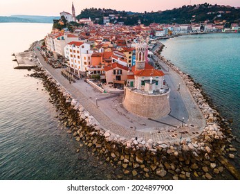 Piran Town In Slovenia IStria Adriatic Coast. Drone View At Sunrise.