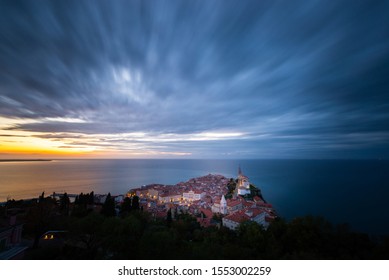 Piran Town In Slovenia. Panoramic View Of Adriatic Sea And City Of Piran In Istria, Slovenia.