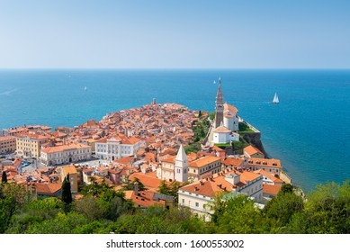 Piran Town In Slovenia. Panoramic View Of Adriatic Sea And City Of Piran In Istria, Slovenia.