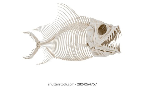 Piranha fish skeleton with sharp teeth and detailed bone structure