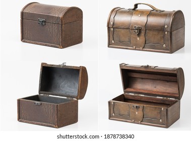 Pirate Chest Treasure Isolated On White Background - Chest Box In Opened Chest Box, Closed Chest Box Storage