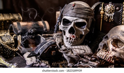 Pirate with human skull. Treasure chest and gold. Discovery equipment and explorer for disappear fortune.