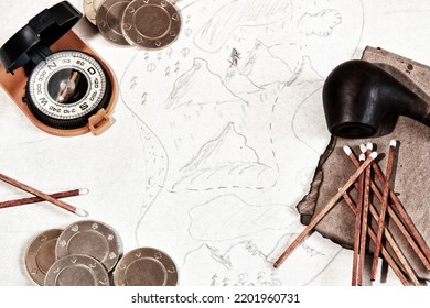 Pirates and sailors accessories, treasure map, smoking pipe, pirates coins. Retro fantasy and adventures backgrounds