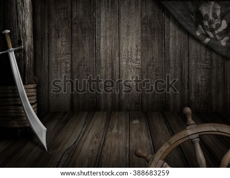 Pirates ship background with old jolly roger flag and saber