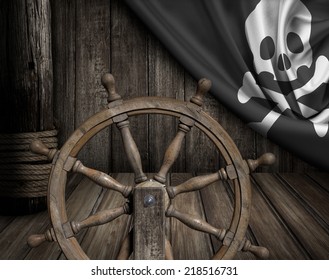 Pirates ship deck  with steering wheel and flag