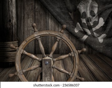 Pirates ship steering wheel with old jolly roger flag