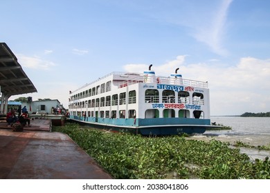 Pirojpur, Bangladesh - 4th September 2021: A ferry is waiting at the Hularhat ferry terminal to leave for Dhaka, the capital of Bangladesh.