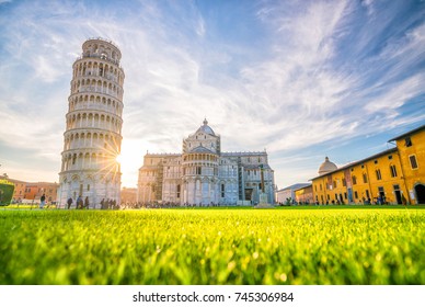 Pisa Cathedral and the Leaning Tower in a sunny day in Pisa, Italy.