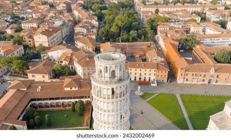 Pisa, Italy. Famous Leaning Tower and Pisa Cathedral in Piazza dei Miracoli. Summer. Morning hours, Aerial View  