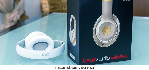 PISA, ITALY - MAY 26, 2015: Beats studio wireless an wired headset. Beats by Dr. Dre has been acquired by Apple.