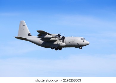 PISA, ITALY - MAY 4, 2015: Lockheed Martin KC-130J Hercules Of Italian Air Force Military Tanker Aircraft Landing At Pisa Airport.