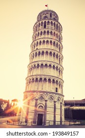 Pisa leaning tower at sunrise, Italy. Special photographic processing