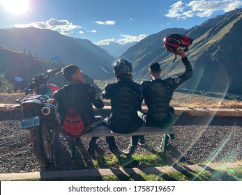 Pisac Peru-may 2019: Peruvian Guys Ride Motorcycles Around The Country Peru.Freedom,adventure,youth, Adrenalin,friednship, World.Scenic Mountains Cloudy Landscape And Sightseeing Sacred Valley Of Inca