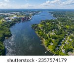 Piscataqua River aerial view in summer that divided Portsmouth, New Hampshire NH on the left and Eliot, Maine ME on the right, USA. 