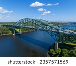Piscataqua River Bridge aerial view that carring Interstate Highway 95 across Piscataqua River connecting Portsmouth, New Hampshire with Kittery, Maine, USA. 
