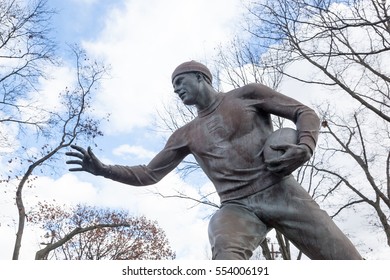 PISCATAWAY, NEW JERSEY - January 4, 2017: A View Of The Football Player Sculpture On The Scarlet Walk At Rutgers University Busch Campus