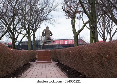 PISCATAWAY, NEW JERSEY - January 4, 2017: A View Of The Football Player Sculpture On The Scarlet Walk At Rutgers University Busch Campus