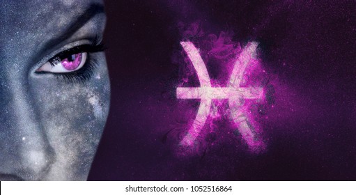 Pisces Zodiac Sign. Night sky Astrology women. Composite image.