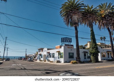 Pismo Beach, United States - February 19 2020 : a street view at daytime of the seaside resort of Pismo Beach