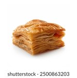 Pistachio baklava isolated on white background. Baked baklava piece closeup isolated on white background. Arabic Middle eastern sweet baklava isolated on white background. 