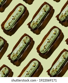 Pistachio Eclair On Green Background Pattern