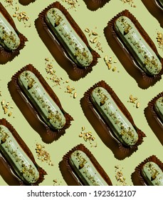 Pistachio Eclair On Green Background Pattern