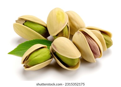 Pistachio with leaf isolated on white background