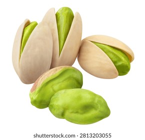 Pistachio nuts with opened shells and peeled green kernels, isolated on white background