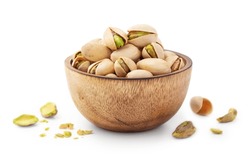 Pistachio Nuts In Shell In Wooden Bowl Isolated On White Background