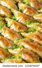 Pistachio Sobiyet Baklava. Traditional Turkish Cuisine Delicacies. Close Up