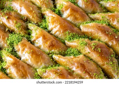 Pistachio Sobiyet Baklava. Traditional Turkish Cuisine Delicacies. Close Up