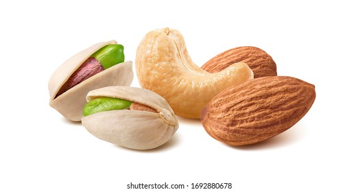 Pistachios, almonds and cashew nuts mix isolated on white background. Package design element with clipping path - Shutterstock ID 1692880678