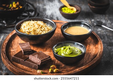 Pistachios, kataifi, tahini: ingredients as preparation for making trendy Dubai chocolate, dark background - Powered by Shutterstock