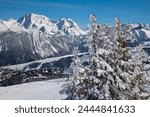 The pistes above Courchevel 1850 ski resort in the Three Valleys (Les Trois Vallees), Savoie, French Alps, France, Europe