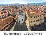 Pistoia, Italy. Aerial view to Battistero di San Giovanni in Corte and Piazza del Duomo