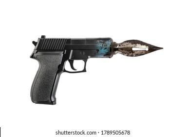 Pistol gun with old pen isolated on white background