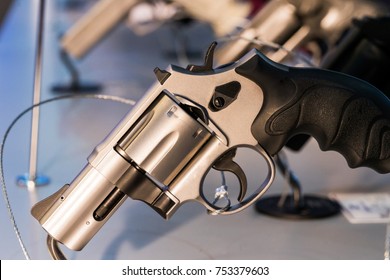 Pistol Gun Stand On Table At The Weapons Store