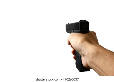 Pistol handgun weapon in hand in first person view isolated on white background