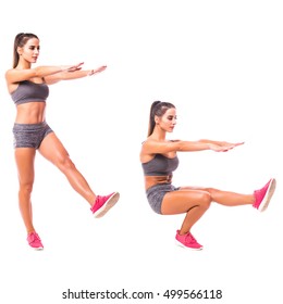 Pistol Squat. Young Woman Doing Sport Exercise.