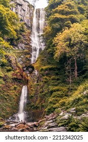 Pistyll Rhaeadr Waterfalls Near Oswestry. Water Is Flowing Slowly As The UK Approached Drought