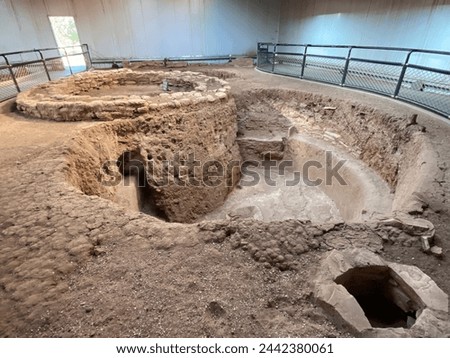 Pit house at Mesa Verde National Park in Colorado protects Ancestral Puebloan sites. Foundations of a pithouse structure built by the Ancestral Pueblo people, Basketmaker culture.