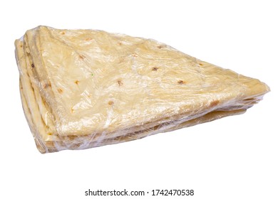 Pita Bread In Plastic Bag Isolated On White Background. Pita Bread. National Cuisine. 