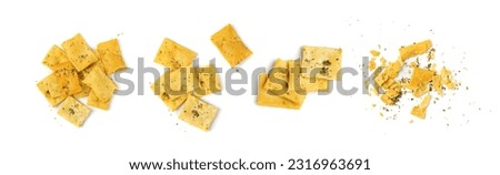 Pita Chips Pile Isolated, Small Wheat Tortillas, Crunchy Flat Bread with Herbs and Spices, Spicy Mediterranean Wheat Snack, Pita Chips on White Background Top View