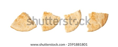 Pita flat bread isolated, broken wheaten pitta flatbread also known as Arabic bread, cut chapati, greek pita naan, khubz or tortilla on white background top view