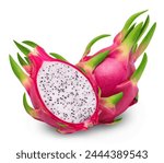 Pitaya isolated. Ripe dragon fruit or pitahaya and half of the fruit on a white background.